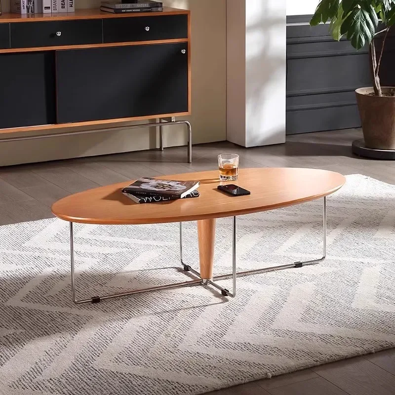

Medieval solid wood oval small apartment household coffee table stainless steel living room
