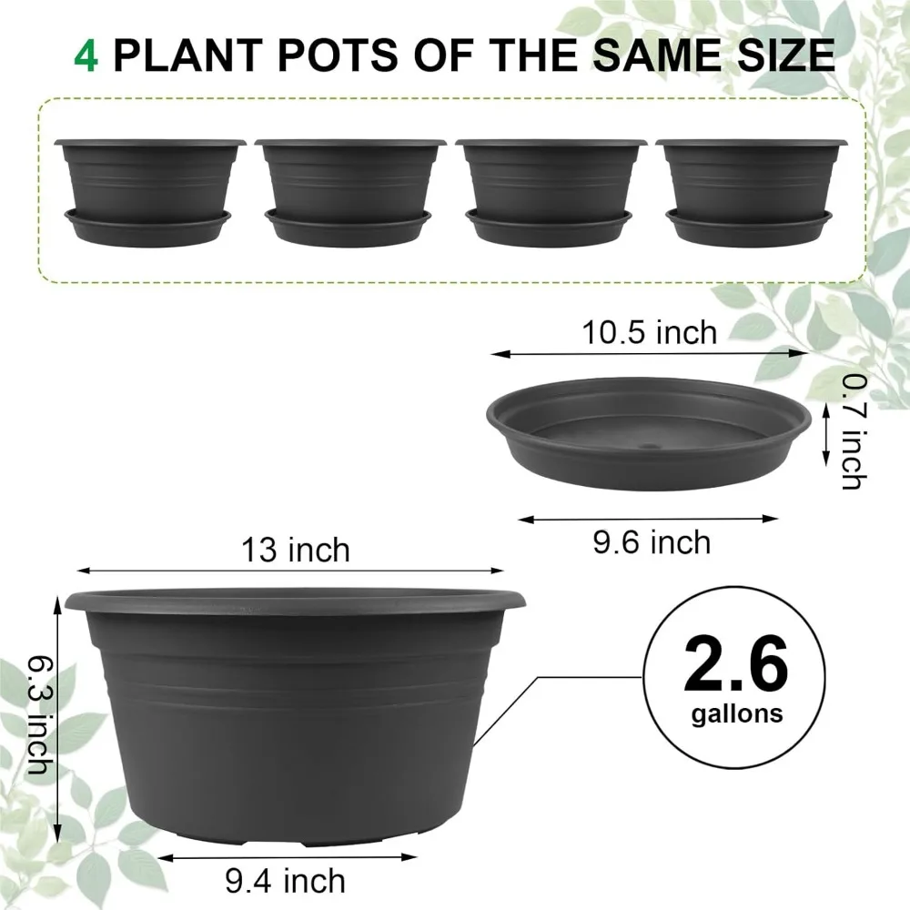 

Large 13 Inch Flower Pots Set of 4 with Drainage Holes & Trays, Modern Plastic Planters for Indoor Outdoor Garden Plants