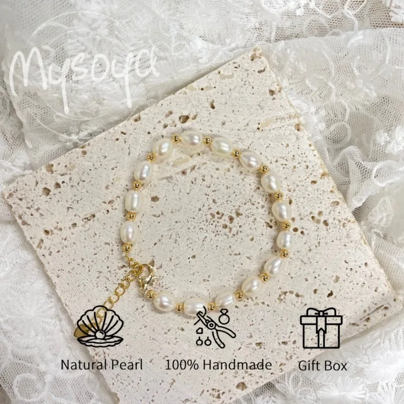 MYSOYA سوار لؤلؤ المياه العذبة على شكل أرز أبيض 6-7 مللي متر مع صندوق هدايا لها/عيد ميلادها/الزفاف/عيد الميلاد/هدية السنة الجديدة