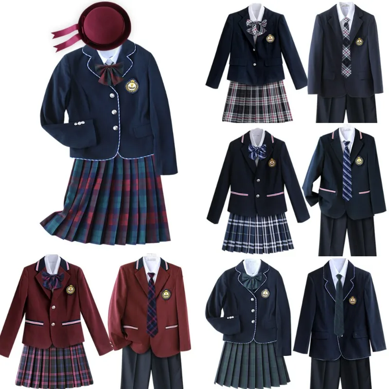 

5PCS Unisex Korea British Japanese School Uniform Outfits Anime Cosplay Costume Set with Blazer Shirt Tie Badge Plaid Skirt