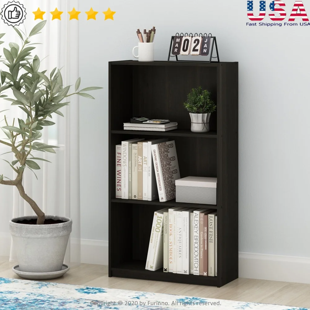 

3-Tier Bookcase Storage Shelf Dark Espresso Durable Composite Wood Easy Assembly Functional Display Storage Home Indoor Use