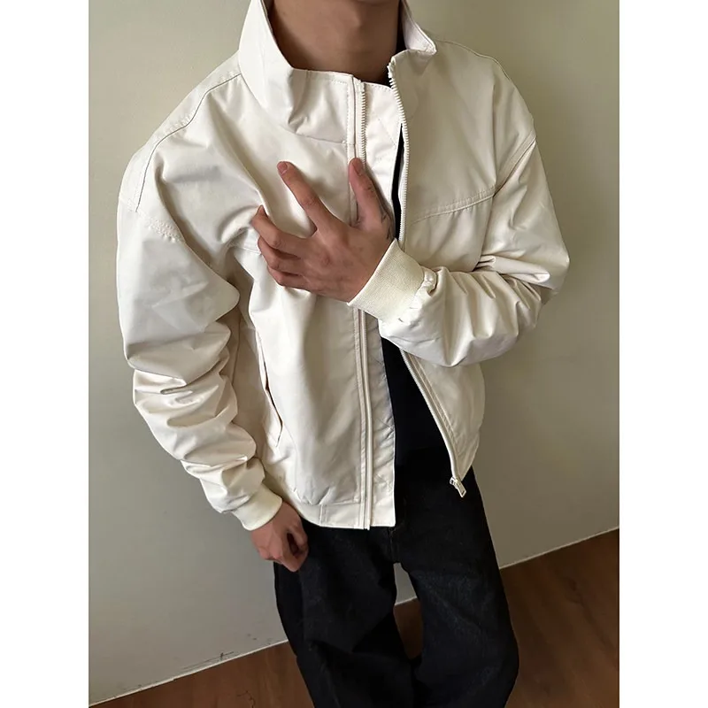 Men Stand Collar Zip Up Bomber Jacket Solid Color Loose Casual Windproof Lightweight Outdoor Windbreaker Daily Streetwear Male