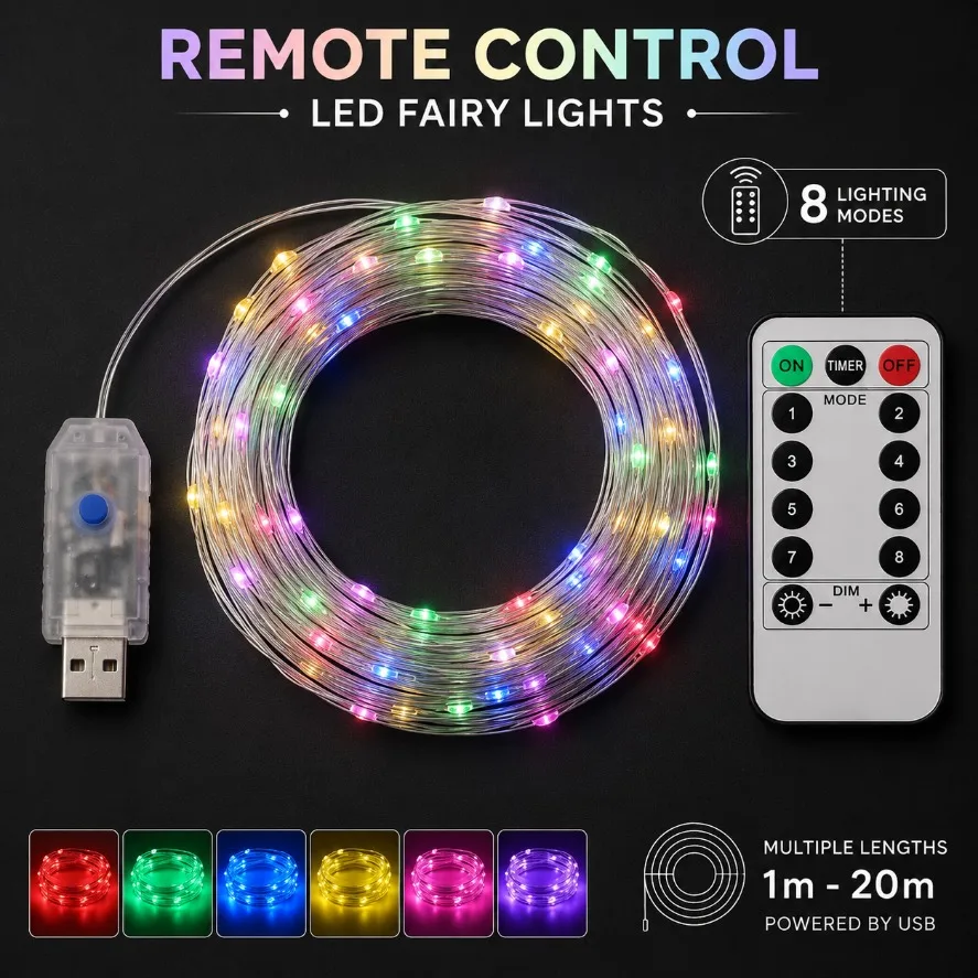 1‑20M USB LED Fairy String Lights With Remote Control 8 Lighting Modes Multicolor Copper Wire Lights For Party Home Decoration