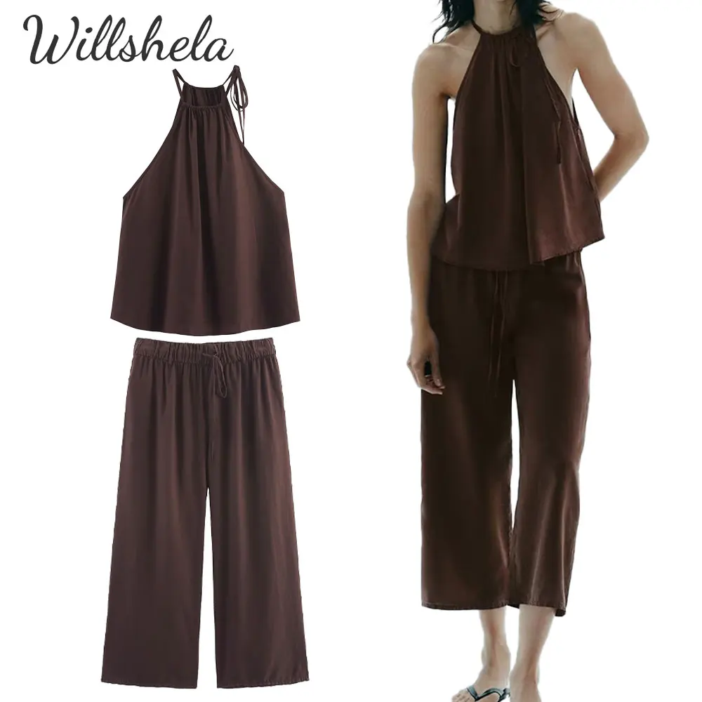 

Willshela Women Fashion 2 Pieces Sets Cotton Halter Neck Camisole and Straight Calf-Length Pants Female Casual Trousers Suits