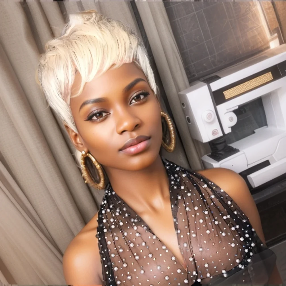 613 Blonde Color Straight Human Hair Wig for Women Pixie Cut Wig Full Machine Made Wig 150% Density 6Inch