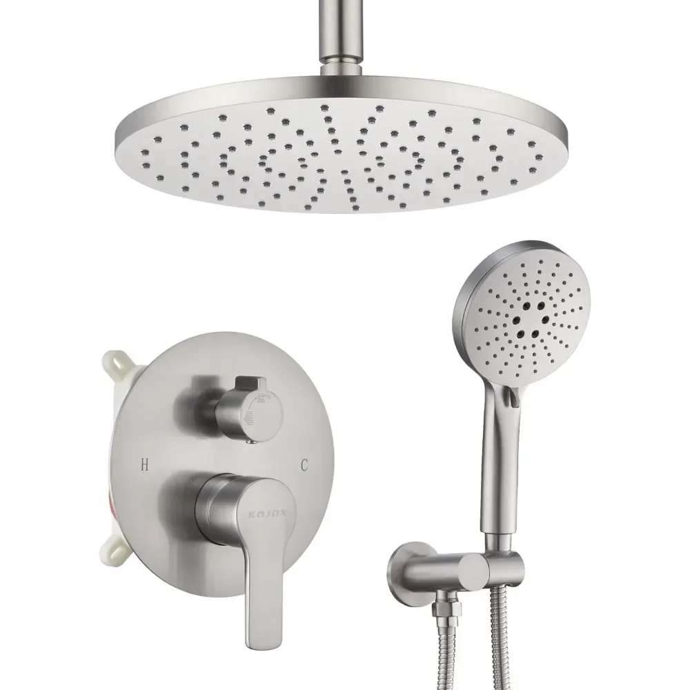 

Ceiling Mounted Rain Shower Set-Brushed Nickel High Pressure Shower Head System- 3 Setting Headheld Shower Head Fixtures- Valve