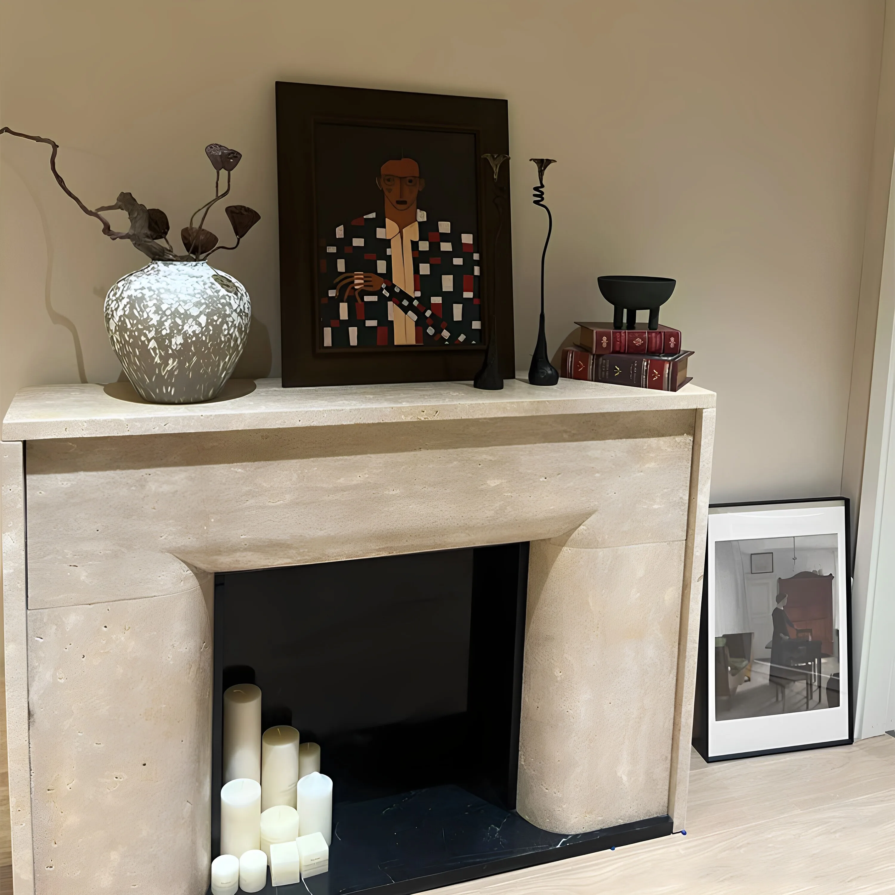 Marble fireplace French vintage living room American modern simple natural white travertine stone mantel decorative cabinet