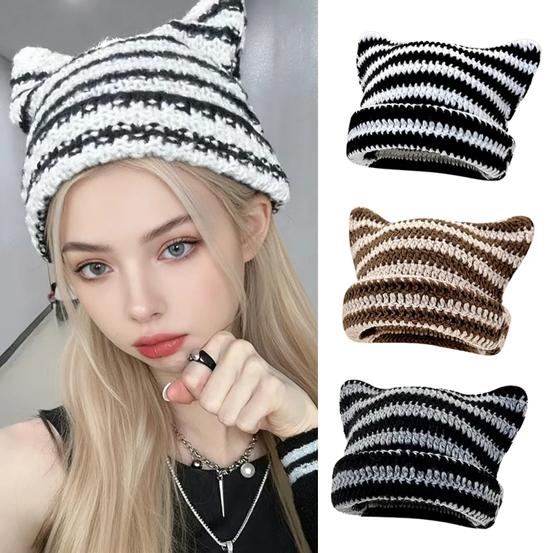 Little Devil Striped Knitted Hat Women Girls Cute Cat Ears Cap New Japanese Streetwear Harajuku Autumn Winter Beanie