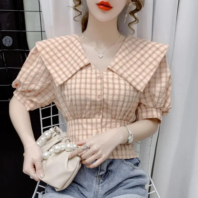 Women's Lapel Blouses Summer New Commute Shorts Plaid Printed Spliced Loose Casual All-match Puff Sleeve Single-breasted Shirts