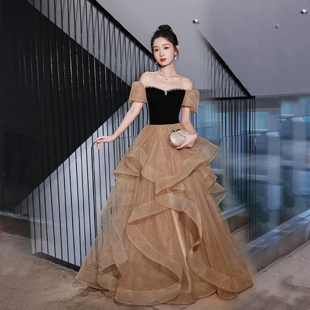 

Off Shoulder Evening Dress A-line Beading Boat Neck Tiered Elegant Party Woman Prom Quniceanera Cocktail Gown Vestidos de Noche