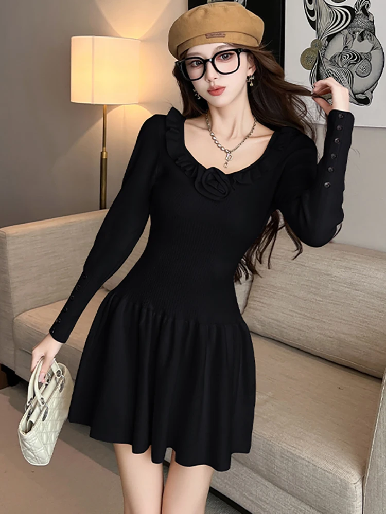 الخريف الشتاء الصلبة محبوك كم طويل تكدرت ساحة طوق فستان قصير المرأة فستان كاجوال أنيق 2025 الكورية Bodycon البلوزات #2