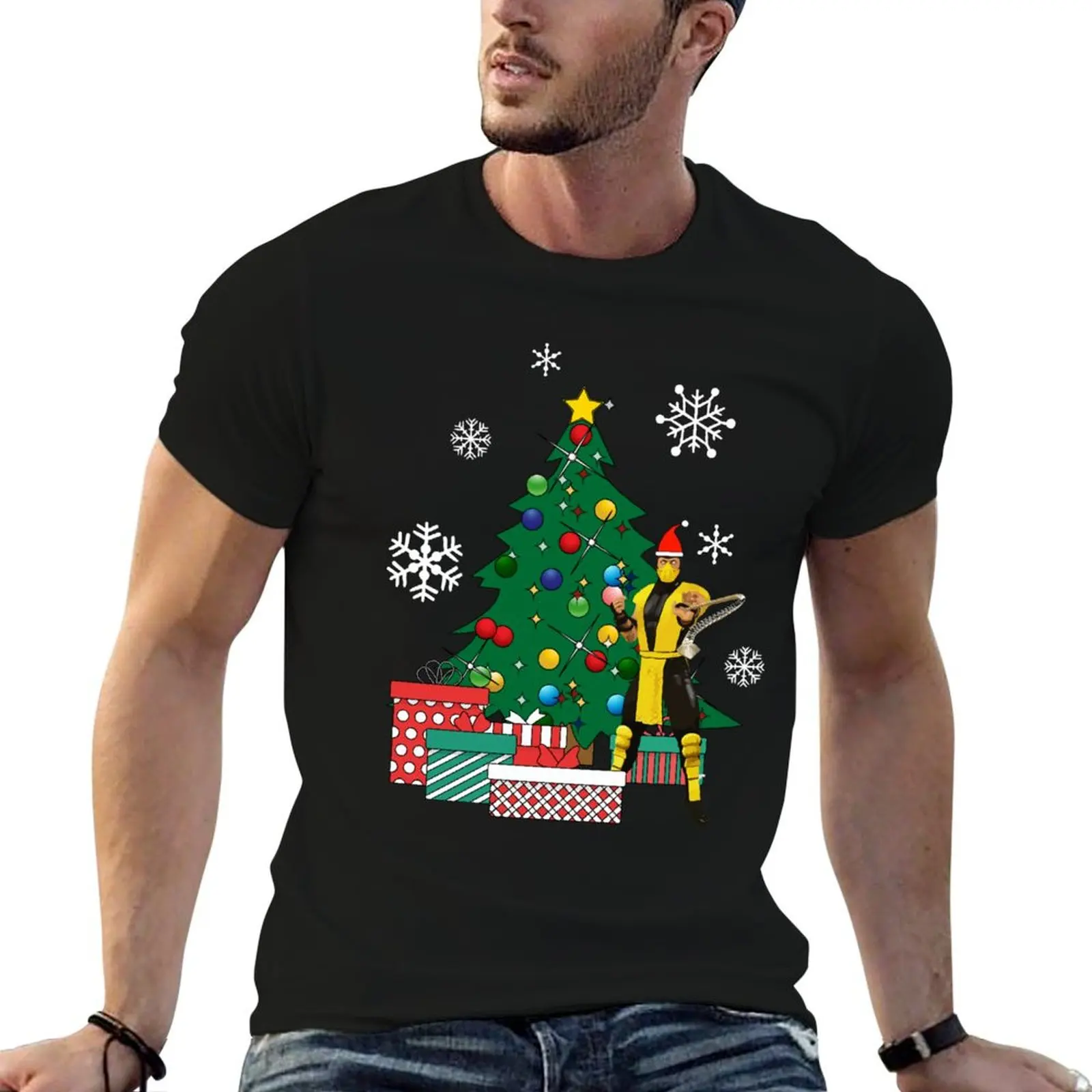 Scorpion Around The Christmas Tree Mortal Kombat T-Shirt Daily Work Short Sleeve Top
