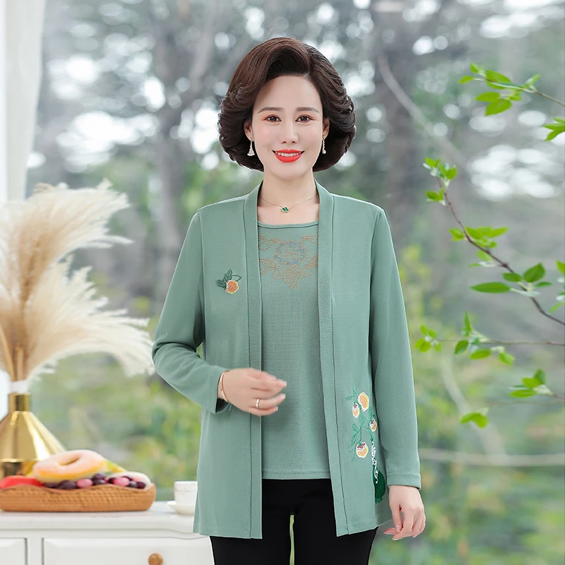 Embroidery flower Pullover Two Pieces Spring Fall Middle Age Mother Clothes Fashion Casual Women Top