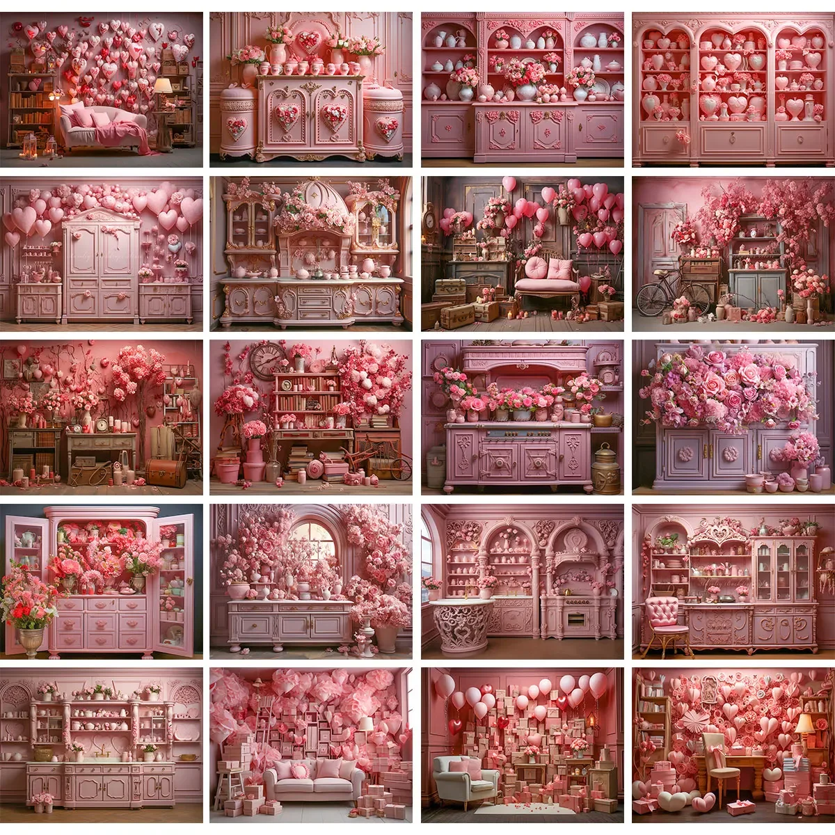 

Valentine‘s Day Backdrop Child Baby Festival Photography Props Pink Cupboard Red Balloons Floral Adult Girls Studio Background