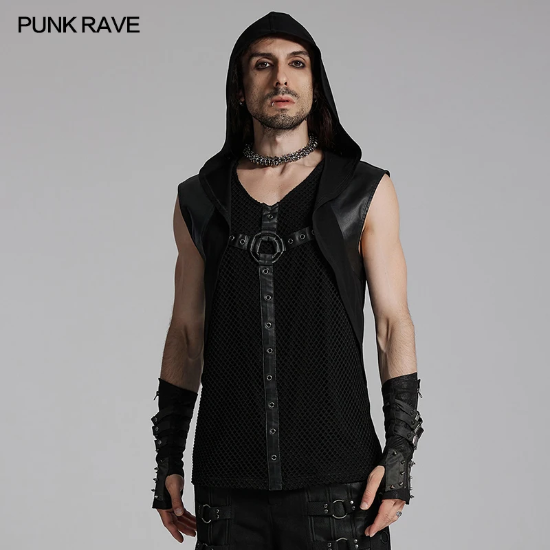 PUNK RAVE Men's Punk Hooded Shoulder Decadent Vest Metal Rings Decoration Cool Handsome Slim Men Clothing