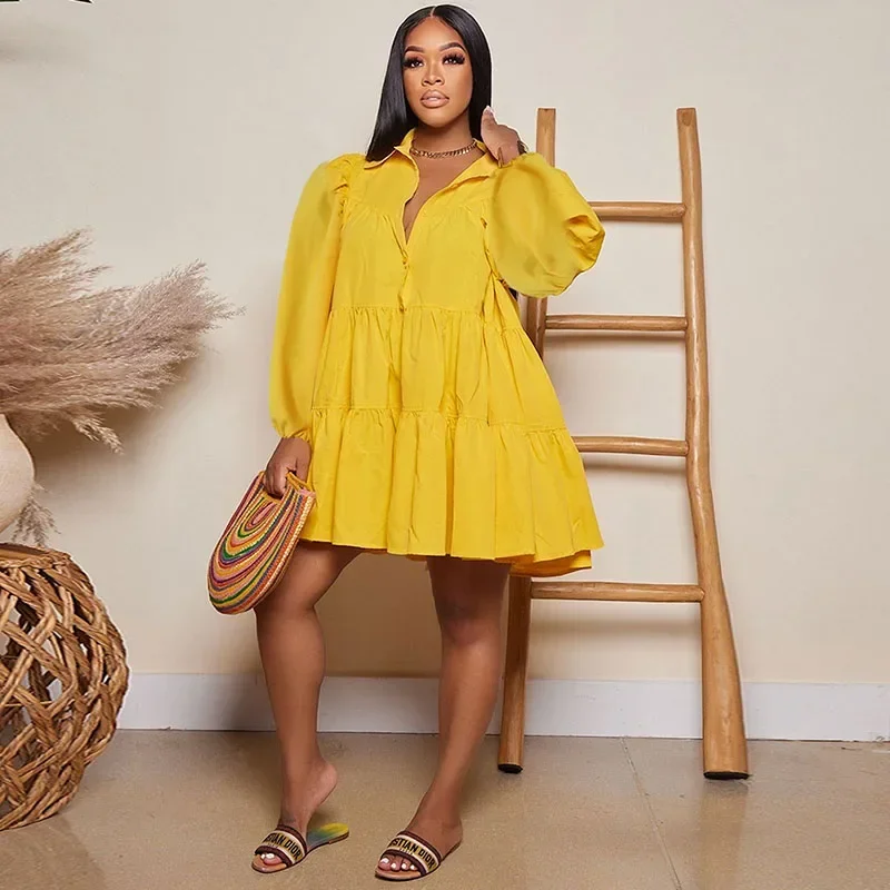 솔리드 캐주얼 긴팔 셔츠 드레스 여성 봄 여름 턴다운 칼라 싱글 브레스티드 러플 루즈 파티 클럽 미니 드레스