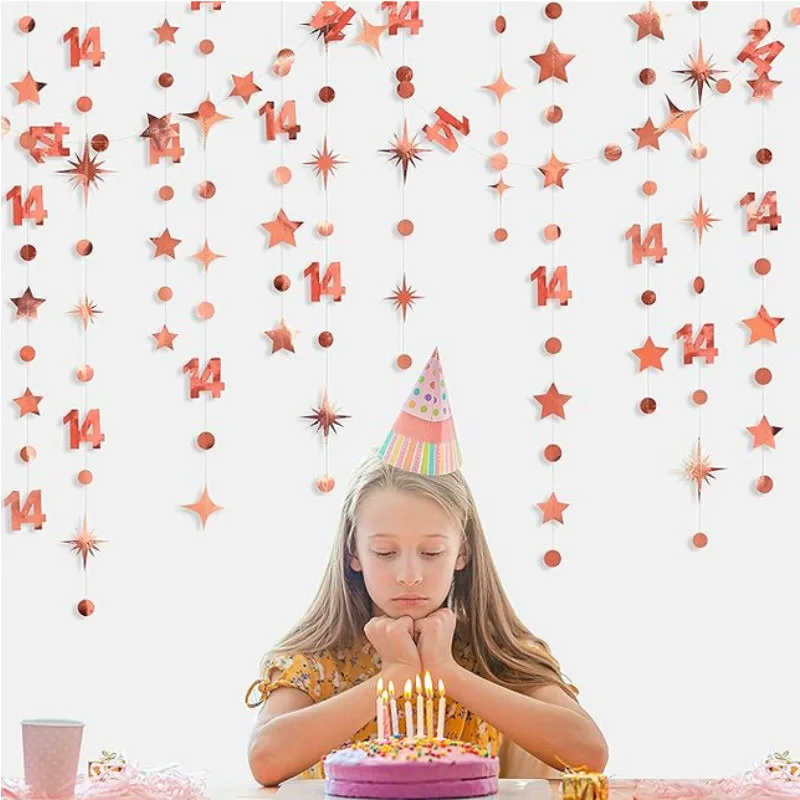 Guirnaldas de serpentinas colgantes de estrella centelleante circular número 14 de cumpleaños para niñas/niños dorados para decoraciones de fiesta del 14 aniversario