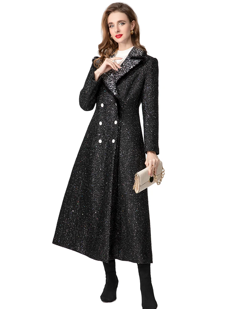 DLDENGHAN Chaqueta de tweed con doble botonadura de cristal para mujer, ropa de abrigo de calle de manga larga con cuello vuelto y lentejuelas de plumas