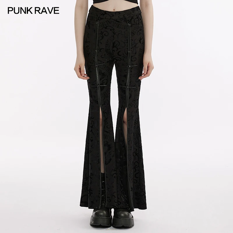 

PUNK RAVE Women's Punk Dragon Totem Flare Legs Pants Sexy Slits + Faux Leather Binding Gothic Style Personality Trousers Women