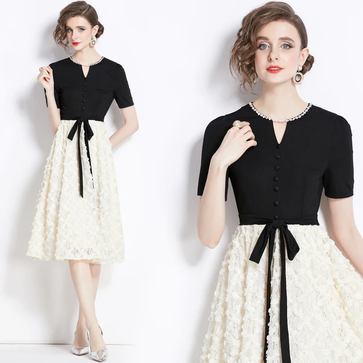 Office Lady Skirt Patchwork Fake Two Three-dimensional Flower Dress Skirt Hand Nail Drill Big Swing Dress