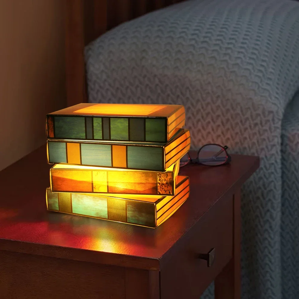 

USB Stained Glass Stacked Books Lamp Decorative Vintage Reading Book Table Lamp Desk Reading Light Nightstand Resin Desk Lamps