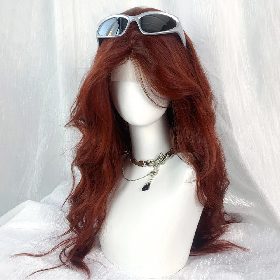 Synthetic Long Curly Red-brown Wig Female Wavy Long Curly Hair Small Lace Bangs Halloween Cosplay Wig
