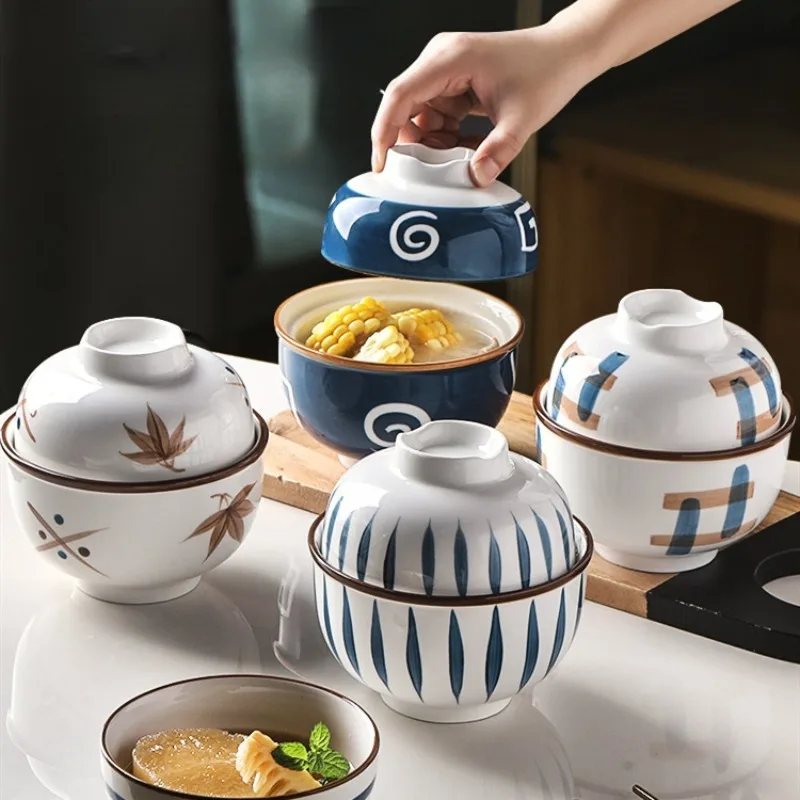 Japan Ceramic Rice Bowl with Lid Large Capacity Covered Bowl Steamed Egg Soup Stew Pot Multifunctional Instant Noodle Snack Cup