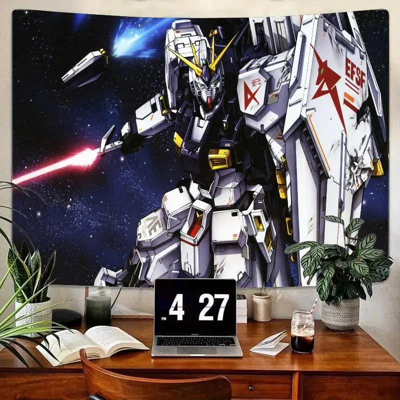 

1 шт. футуристический гобелен Gundam Mech Space - белый/желтый/черный с оружием красного луча, звездными насестками и маркировками EFGF, звездным туманом