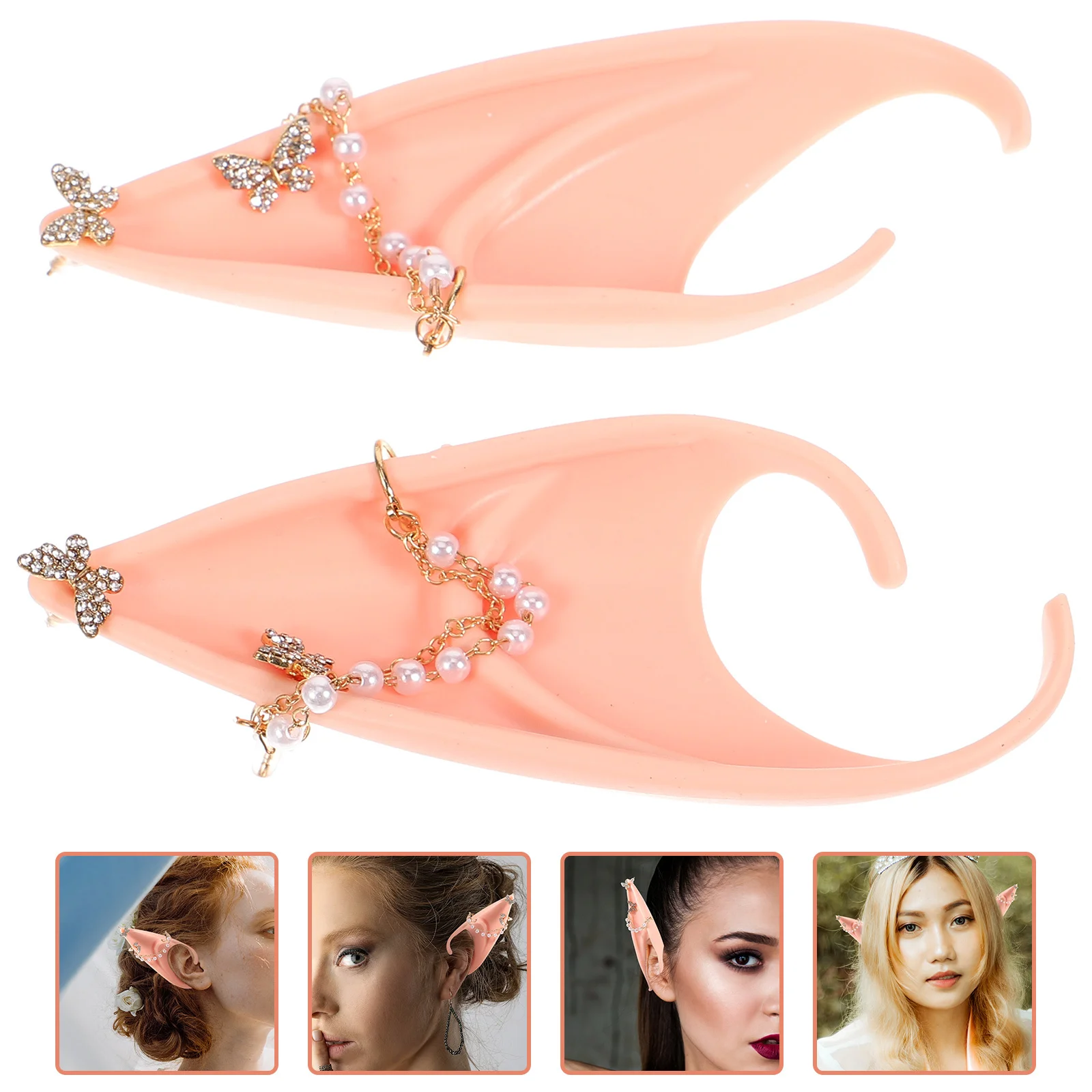 1쌍 엘프 귀 진주 체인 코스프레 무대 공연 액세서리 부드럽고 피부 친화적인 정교한 나비 장식 파티 의상