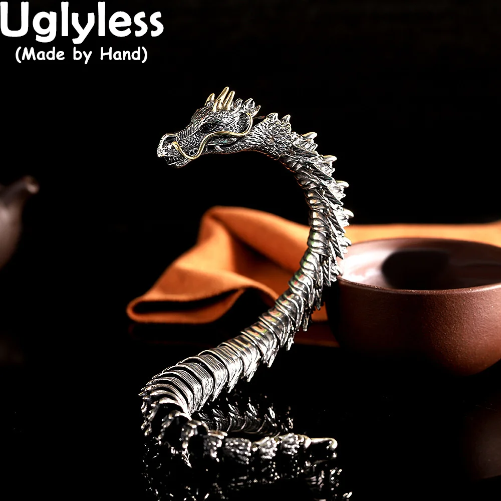 

Uglyless Stunning Flexible Dragon Bracelets Men Vivid China Myth Animals Jewelry Thai Silver 925 Sterling Silver Dragons Bangles