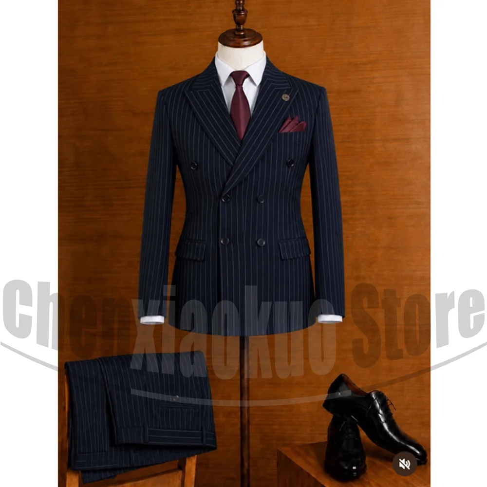 Men Pinstripe Suit 2 Piece Double Breasted Peak Lapel Blazer Pants Formal Business Office Party Outfit Wedding Groom Tuxedo