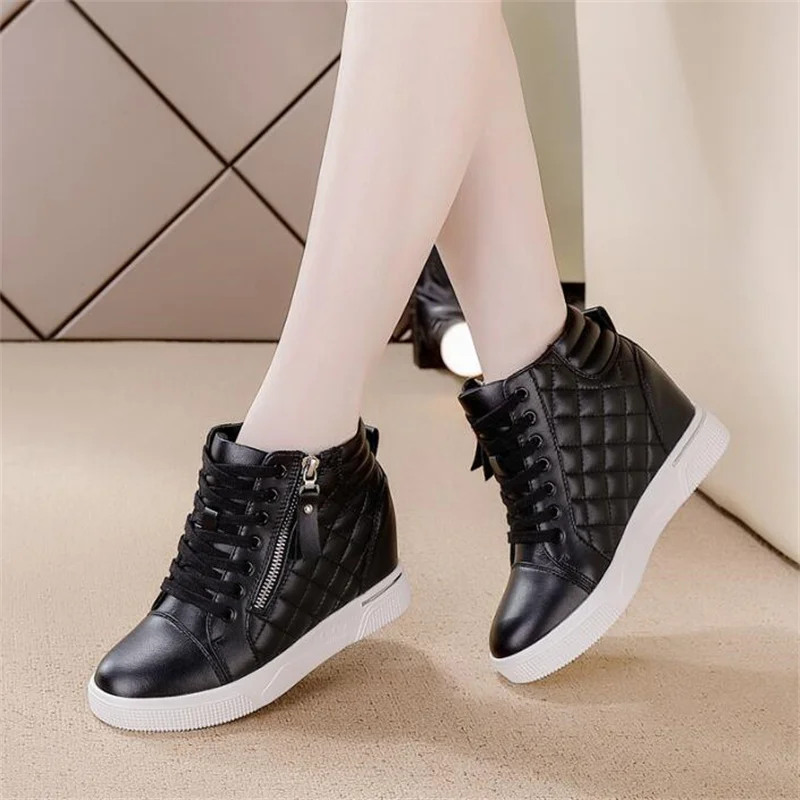 7cm Leather Microfiber Casual Platform Wedge Sneakers Women Shoes Hiden Heel Pumps Boots Women Spring Autumn White Black Shoes