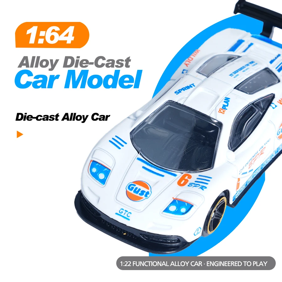 1:64 Min White Alloy Car Racing Model, Boy Toy, Compact One-Hand Play, Blue and Orange Paint, Christmas and Halloween Gift, Desk