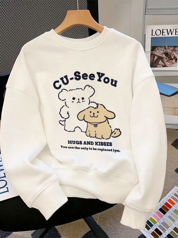 

Женская толстовка с мультяшным принтом собаки, круглым вырезом, на флисовой подкладке, утепленная, модный бренд, осенне-зимняя новинка, верхняя одежда