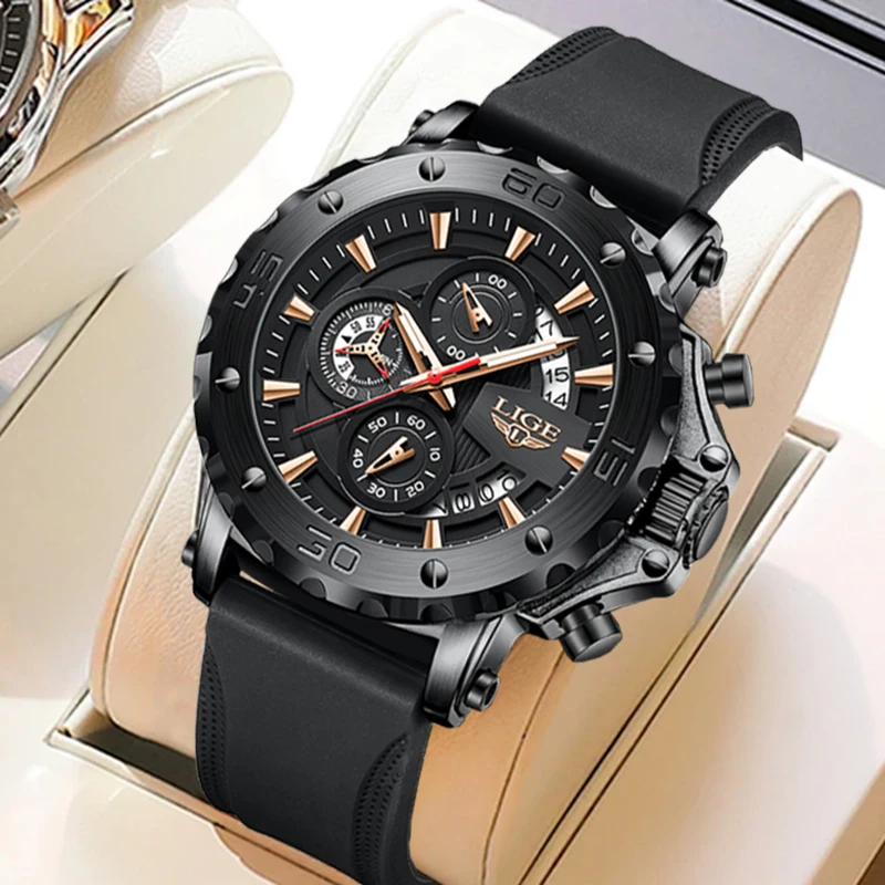 LIGE Casual Sport Quartz Man Watch Outdoor Creative Design Calendar Silicone Strap Watches Male Waterproof Fashion Stopwatch+Box