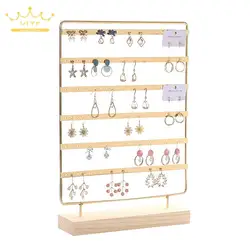 Metal 6 Layers Earring Display Holder Ear Stud Display Rack Wood Base 3-Tiers 69 Holes Jewelry Storage Organizer Stand Reusable