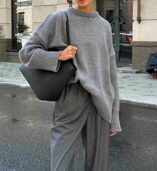 

Round neck sweater, new women's solid color casual pullover for autumn and winter 2025, knitted round neck sweater