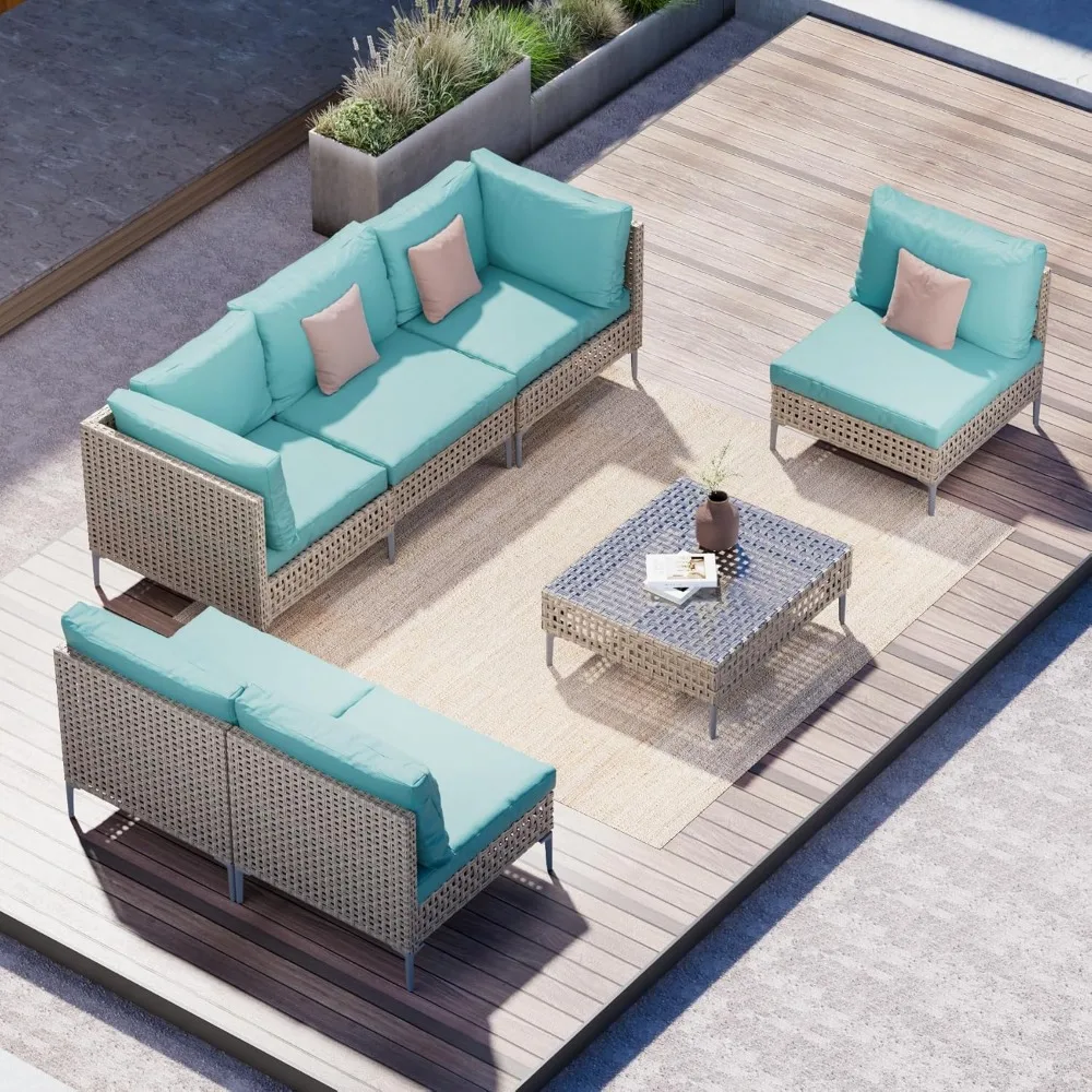 

7-Piece Boho Patio Set – Wicker Sectional Sofa w/ Waterproof Cushions, Outdoor Conversation Set​