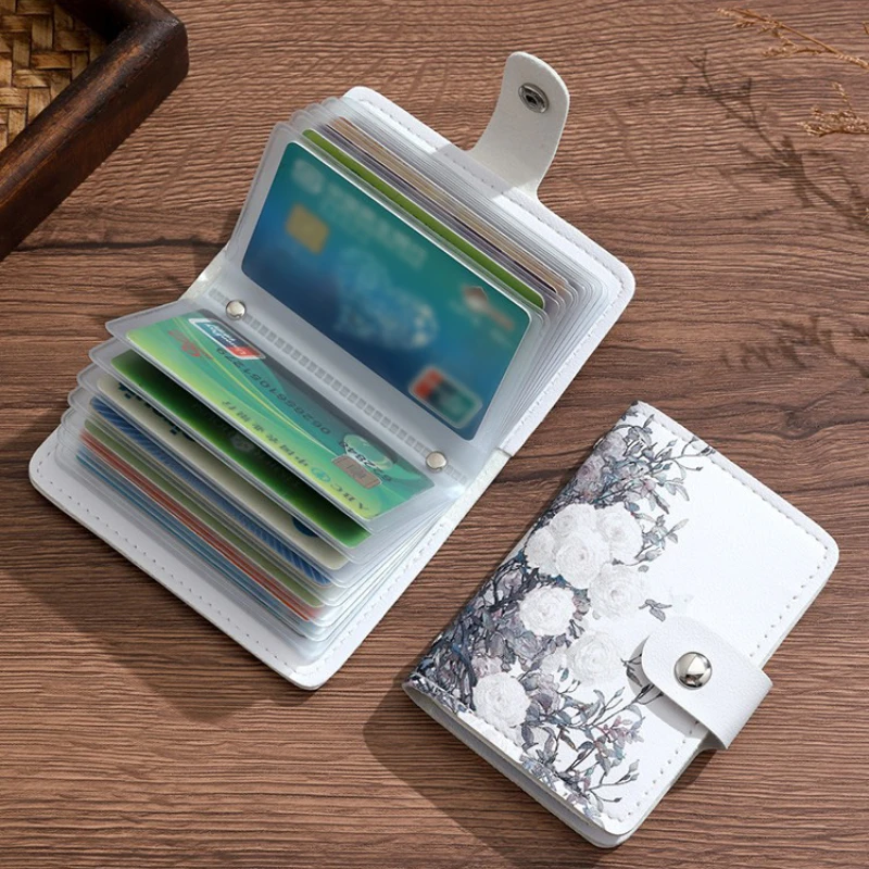 BUYLEMO Fresh Floral Printed PU Leather Card Holder, Snap Button Multi-slot Portable Card Case For Women