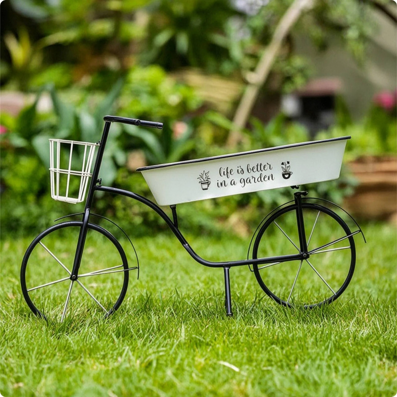 Two-Wheeler Plant Stand Black Coated Two-Wheeler Planter Planter with Basket Whimsical Plant Stand with Baskets Playful