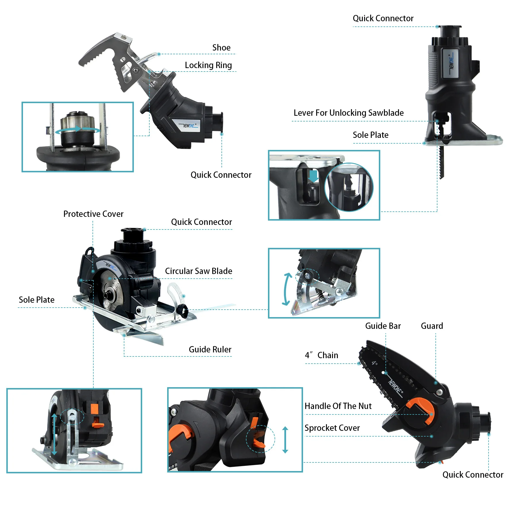 NEWONE Brushed Circular saw Cordless Electric Saw Jigsaw Chainsaw Multifunction Power tools Drill Detachable For 18V Makita