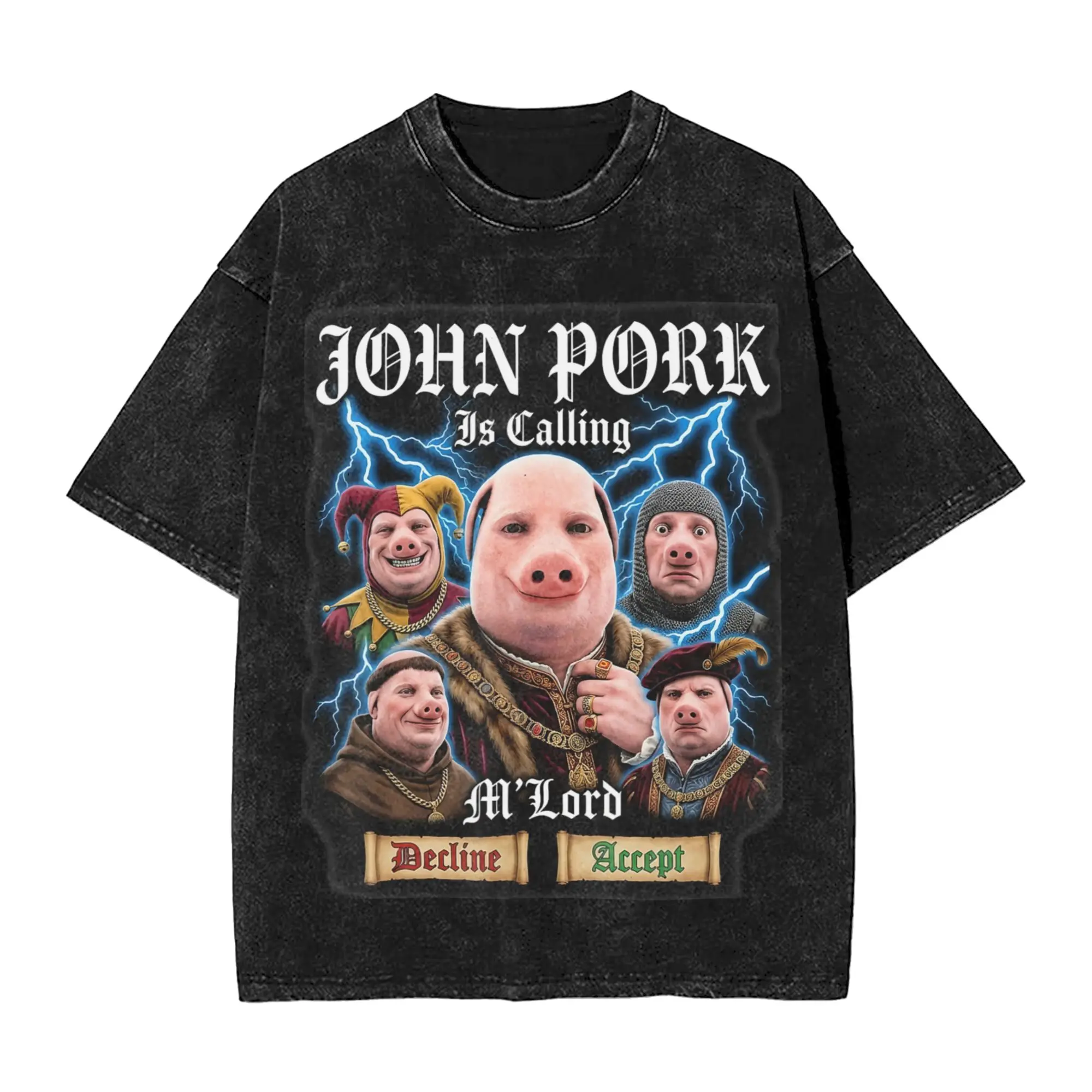 John Pork is Calling Medieval Meme Brainrot Washed T-Shirt Man Streetwear Casual T-Shirts Summer O-Neck Popular Tee Shirt