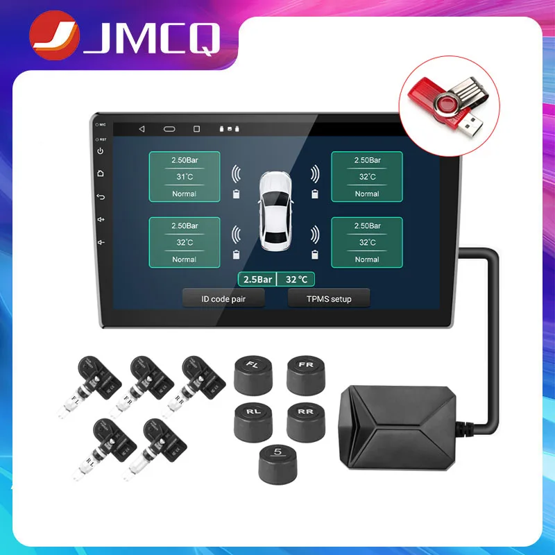 JMCQ USB TPMS Car Tire Pressure Alarm Monitor System for Car Android Mulitmedia Player with 5 Sensors 5V Wireless Transmission