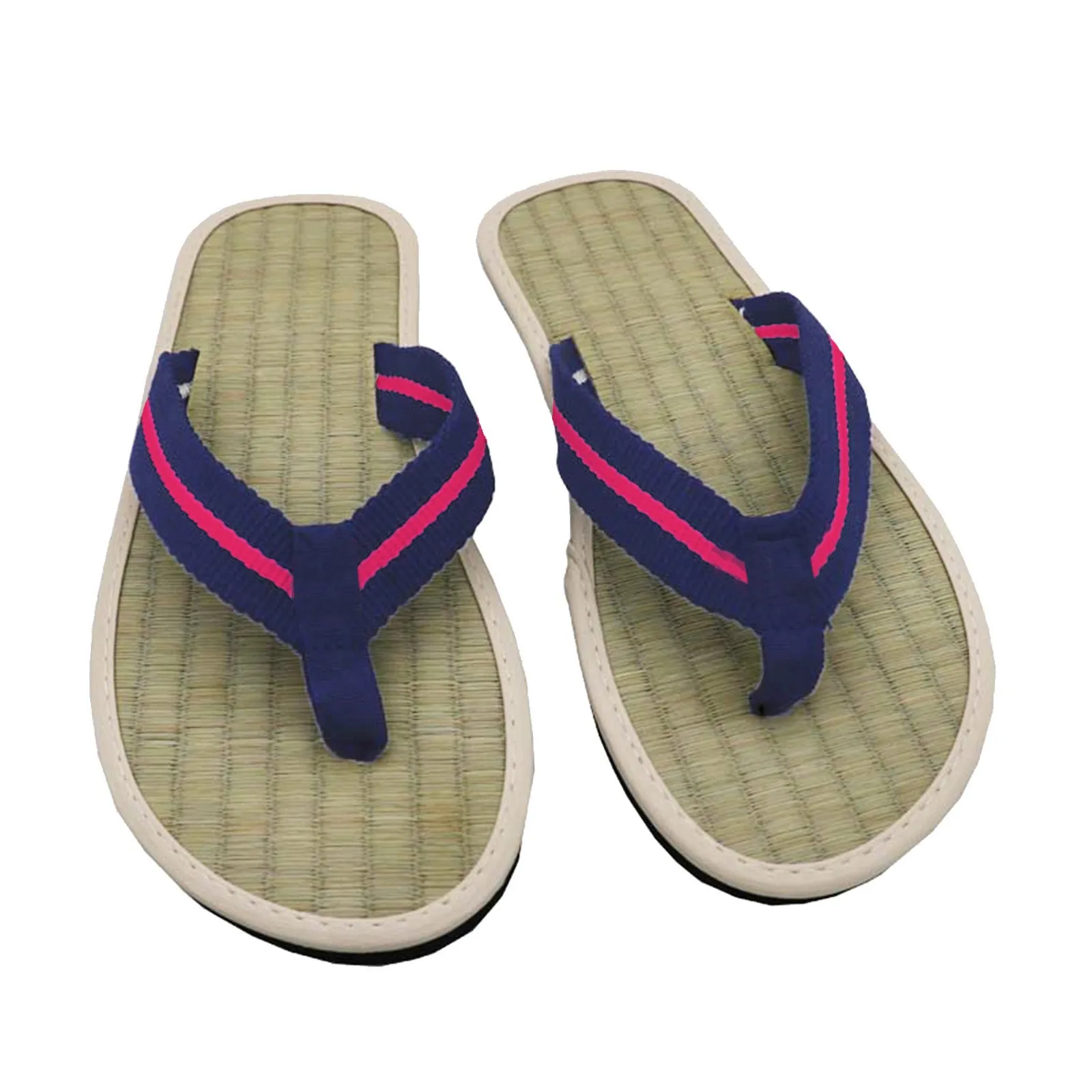 Women Slippers Grass Mat Weave Flat Slippers Comfortable Non Slip Sandals Silent Rattan Flip Flops Stripe Strap Casual Slippers