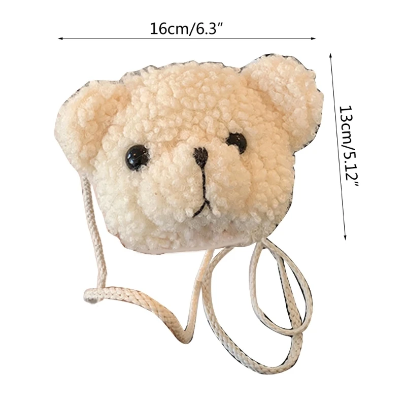 Cute White Brown Plush Bear Head Zipper Purse Small Size Women Messenger Bag Single-Shoulder Bag for Teenager Girl Birthday Gift