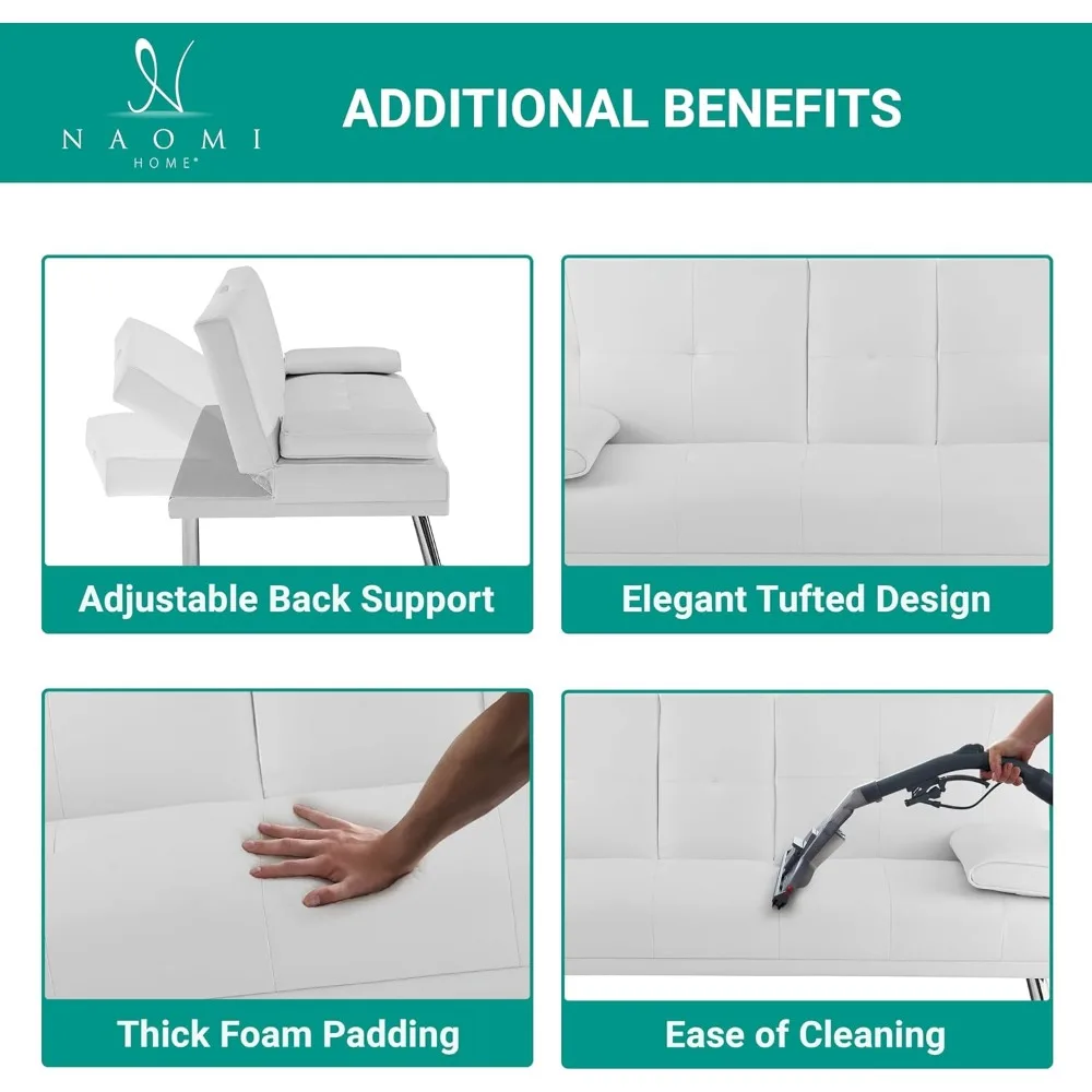 Divano letto futon in ecopelle bianca, divanetto reclinabile a 3 posizioni con braccioli, 2 portabicchieri, capacità di carico di 500 libbre