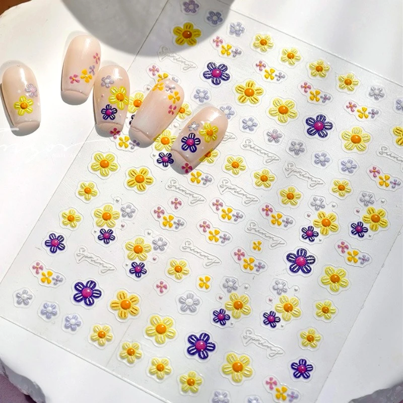 

Yellow Purple Blue Daisy Colourful Cute Flowers Chic Garden 5D Jelly Soft Reliefs Self Adhesive Nail Art Sticker Manicure Decals