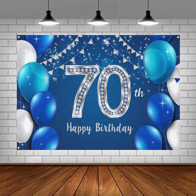 

Photography Backdrop 70th Birthday Banner Decorations Party Supplies Balloon Flag Background For Women Men - Blue Silver