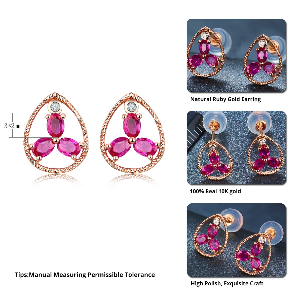 Lohaspie Stud Earrings Natural Ruby Diamond Solid 10K Rose Gold Gemstone Fine Jewelry For women's Gift NEW