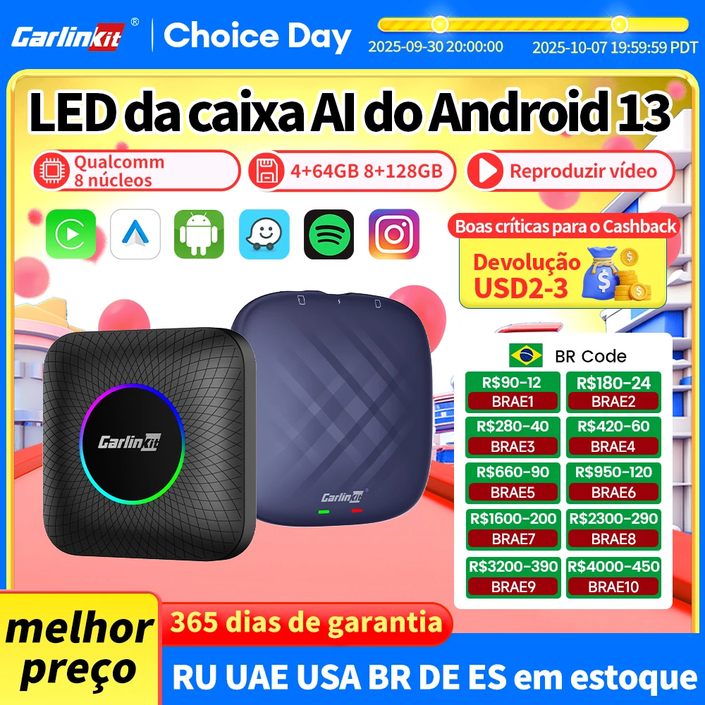 2025 CarlinKit CarPlay AI Box Android 13 SM6225 QCM6125 8 núcleos Android Auto Adaptador CarPlay sem fio WiFi 4GLTE Connect GPS 64G 128G Atualização FOTA para carros CarPlay com fio